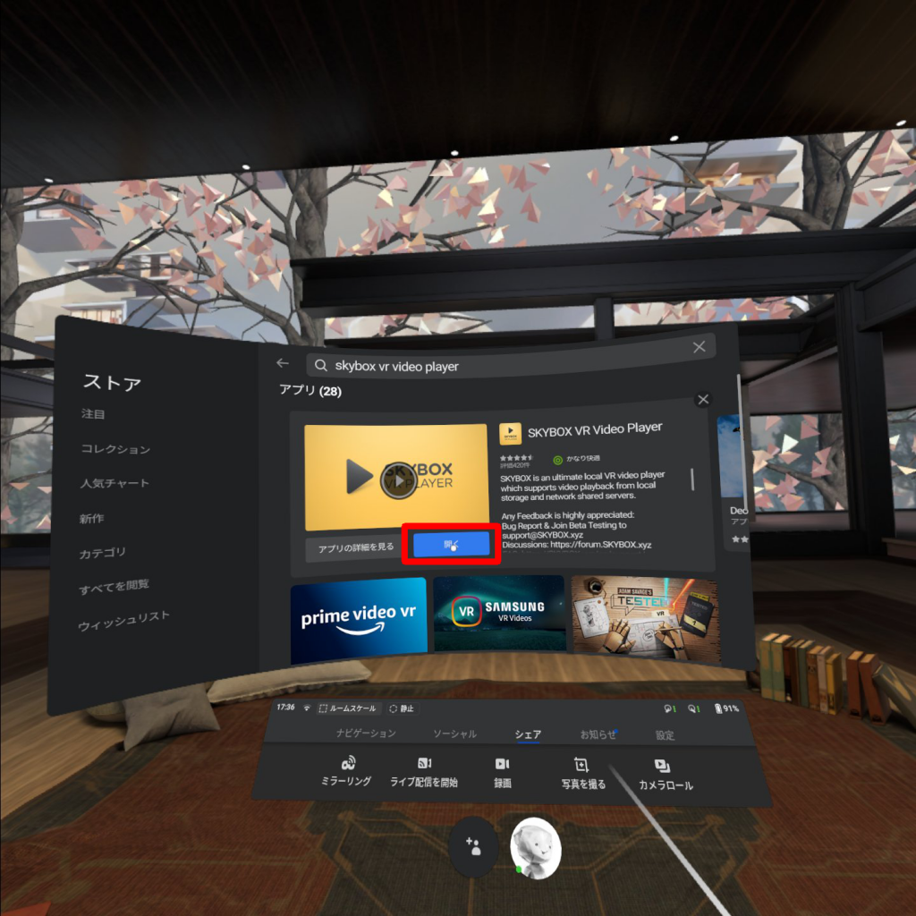Oculus QuestでSKYBOX VR PALYERを開く