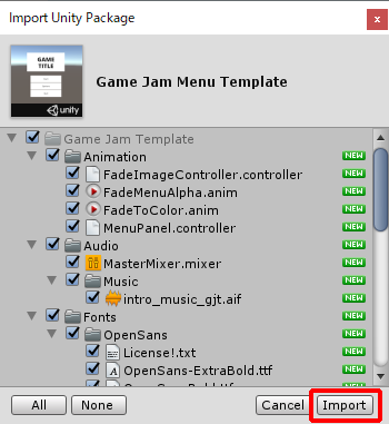 UnityエディタでGame Jam Menu Templateのパッケージをインポート