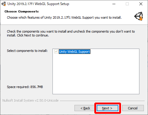 Unity WebGL Support Setup インストールコンポーネント選択画面