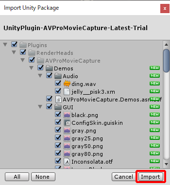 Unity Editor Import Unity Pckage ダイアログ