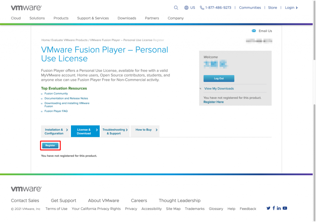 VMWare fusion Player Personal Use License